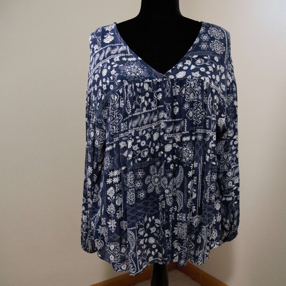 Navy & White Peasant Top